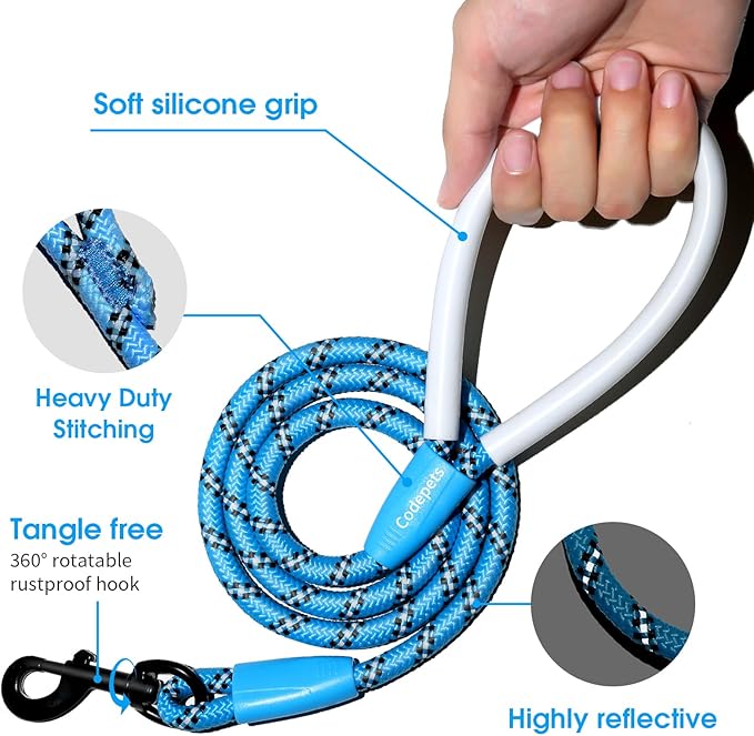 Detachable 2/5" Slip Lead, 4FT 6FT 8FT with Comfortable Silicone Handle Strong Rope Leash for Large Medium Small Dogs No Pull Highly Reflective Pet Training Leash (Blue-Black, 8FT)
