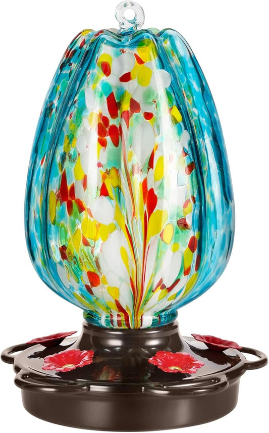 Tulip Shaped Hummingbird Feeder for Outdoors, Hand Blown Glass, 28 fl.oz, Leak Proof & Rustproof, Includes an Ant Moat, Metal Cover with 5 Feeding Ports & 5 Perches, Blue