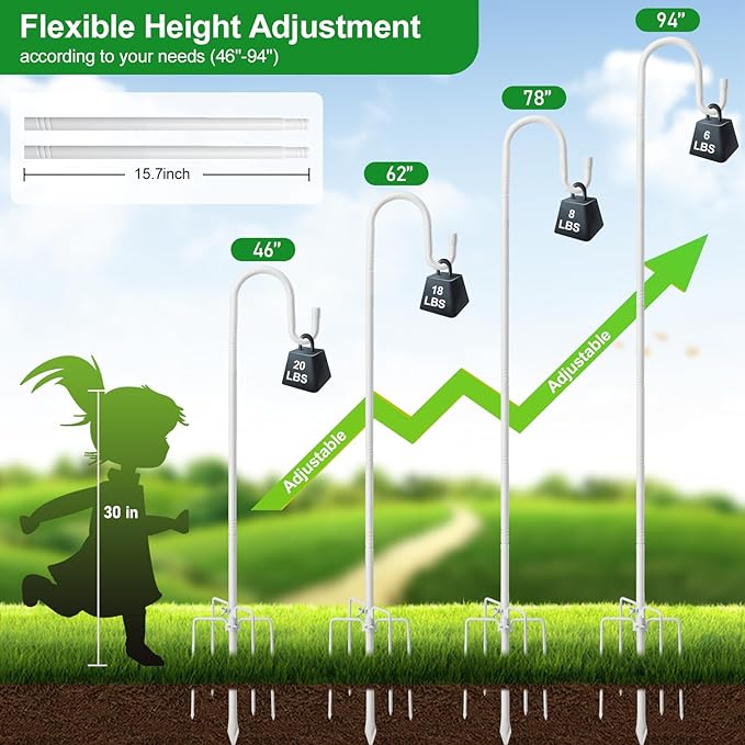 Bird Feeder Pole with Shepherd’S Hook - 78" Heavy Duty Hummingbird Stand with 5-Prong,Rustproof Bird Feeder Hangers for Outside Hanging Birdfeeders, Wind Chimes, Lanterns, Solar Lights - White