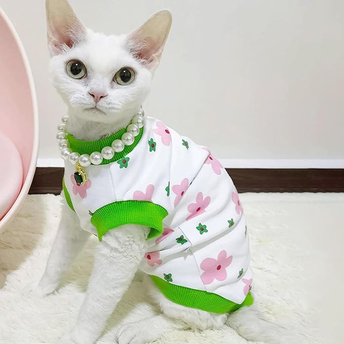 PUMYPOREITY Sphynx Cat Clothes, Stretchy Sweater, Soft Shirt, Pullover Pajamas, Turtleneck for Sphynx, Cornish Rex, Devon Rex, Green, XS