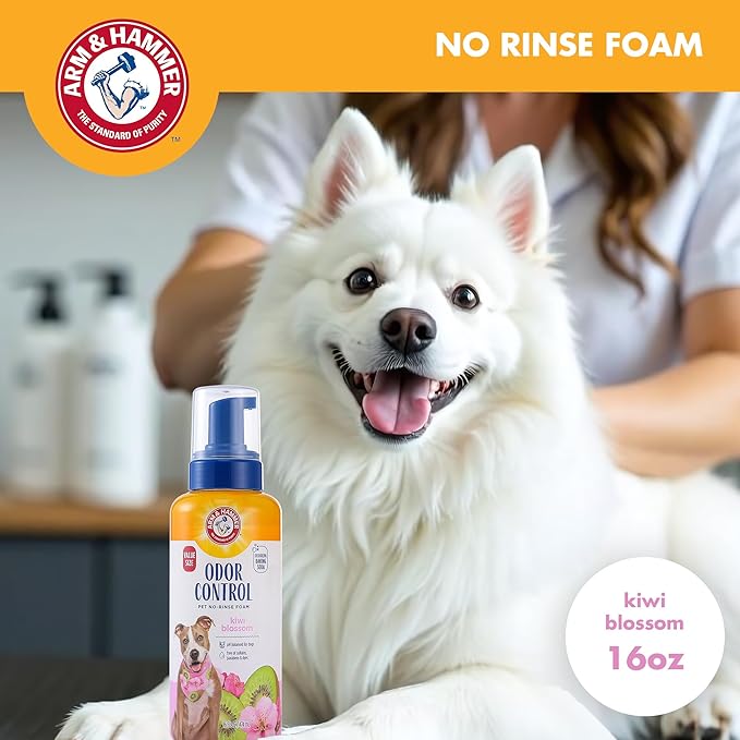 Arm & Hammer for Pets Odor Control Pet No-Rinse Foam with Baking Soda, Kiwi Blossom Scent, Best Odor Eliminating Foam for Dogs and Puppies; Waterless Dog Deodorizer, 16 Fl Oz