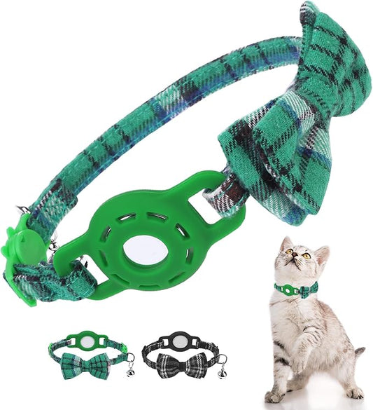 Airtag Cat Collar Breakaway with Bells and Bowtie -Upgraded Safety Kitten Collar for Air Tag Holder -Cute GPS Cat Tracker Collars for Girl Boy Cats, Kitty and Puppies, Green
