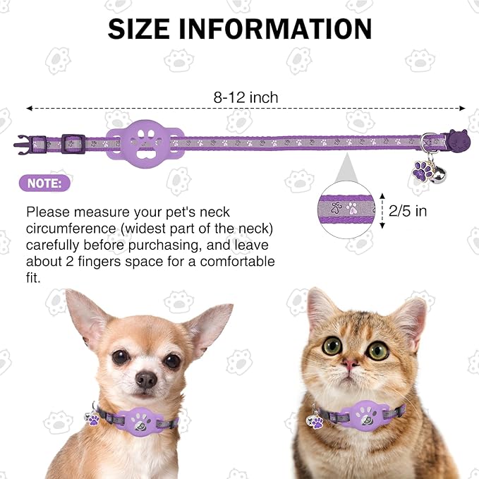 Airtag Cat Collar Breakaway, Reflective Kitten Collar with Bell and Apple Air Tag Holder, GPS Cute Cat Collar, Glow in The Dark Pet Collars for Boy Girl Cats, Kittens, Puppies, Purple