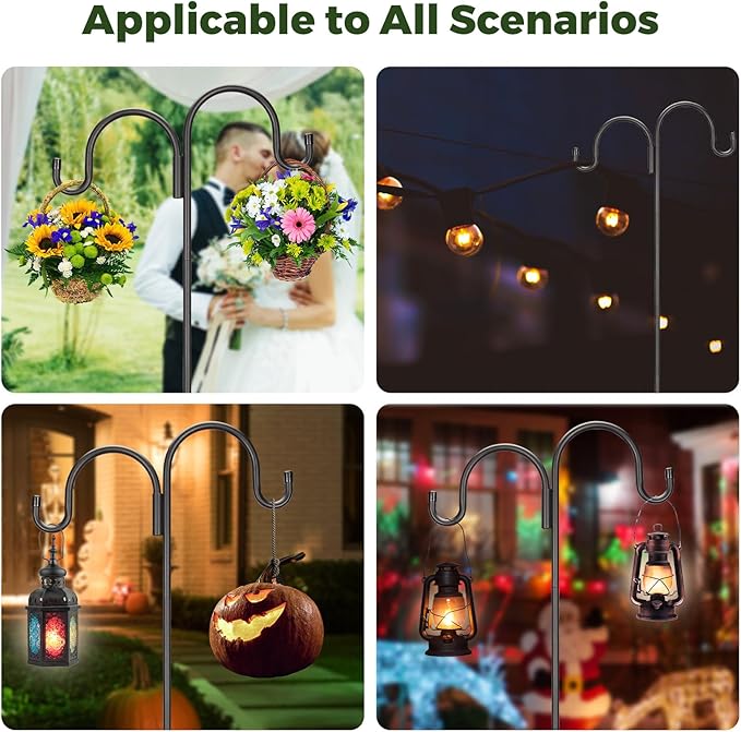 Kingsyard 2 Pack Adjustable Double Shepherds Hook for Outdoor - 92" Heavy Duty Bird Feeder Pole w/ 5-Prong Base, Hummingbird Feeder Stand for Garden, Plant Baskets, Halloween Solar Light Lantern