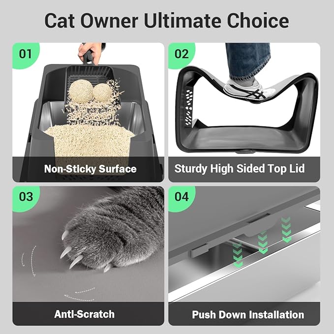 Extra Large Stainless Steel Cat Litter Box with High Sided Walls for Big Cats, Anti Urine Leakage, Odorless and Easy Cleaning, for Healthy Cats, Includes Foot Pad & Scoop - XXL Litter Box