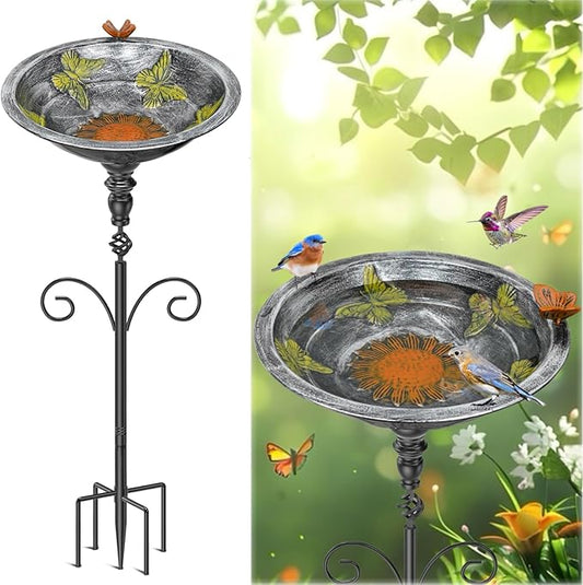 35In Bird Bath for Outside, Vintage Metal Birdbaths & Birdfeeder with 5 Prong Bases for Outdoors, Freestanding Bird Feeder Bowl with for Garden Yard Lawn Decor (Vintage Silver)