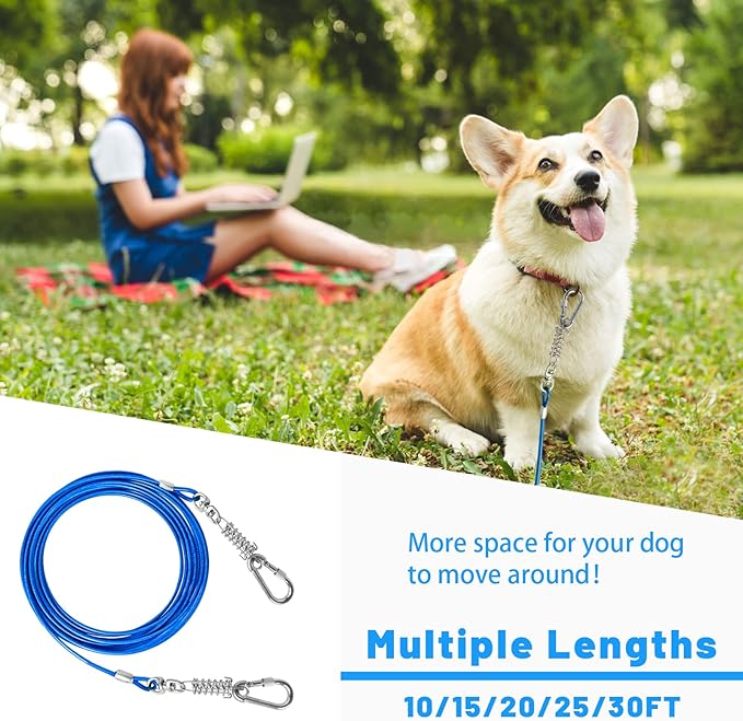 Dog Tie Out Cable - 10/15/20/25/30FT Heavy Duty for Large Dogs Up to 250LBS - Rosy Pink/Blue/Purple/Silver/Red/Green/Yellow