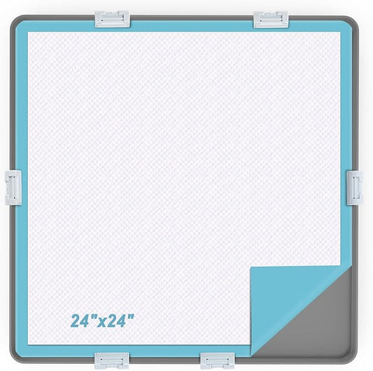 Pee Pad Tray Holder for Dog,Silicone Dog Puppy Pad Holder,24" x 24" No Spill Raised Lip High Edge Leak-Proof Mat Holder for Training Pads,Square Potty Trays for Home Floor Protection 6 Clamps
