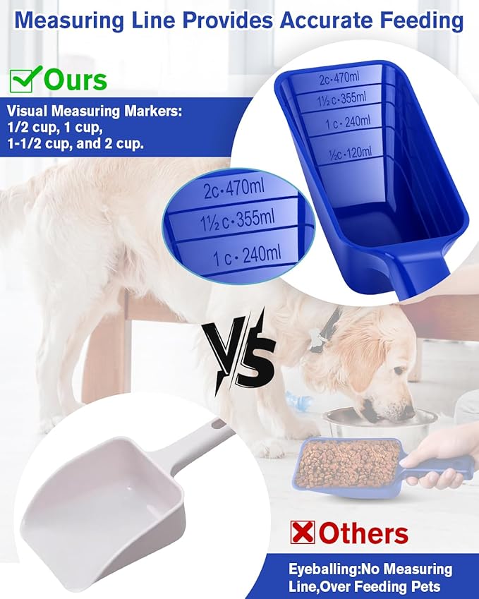 2 Cup Dog Food Scoop(2 Pack), Plastic Pet Food Scoop with Measuring Lines for Accurate Pet Food Portions,Dishwasher Safe (Black and Blue)