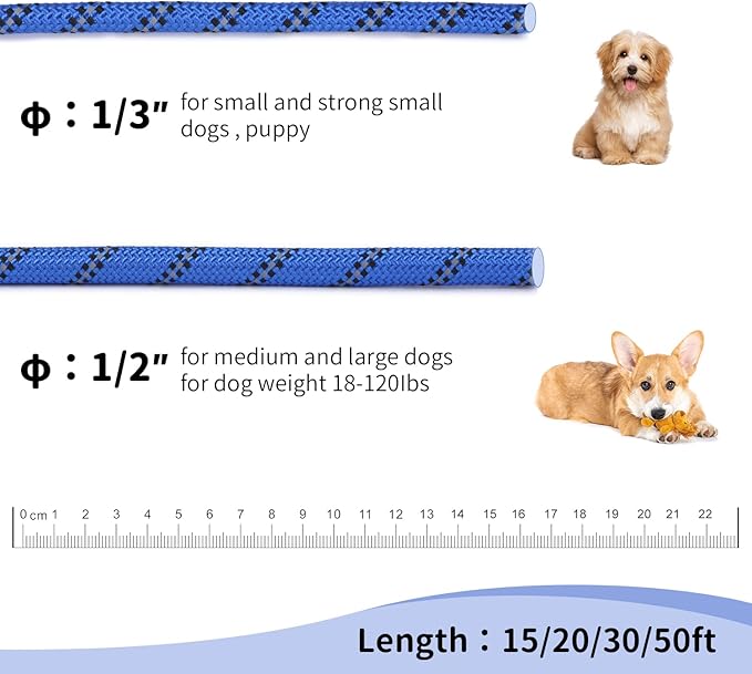Long Dog Leash for Training 20Ft-Reflective Nylon Rope with Swivel Hook-Recall Agility Lead for Large Small Medium Dogs Outside Walking Hiking-Royal Blue Diam 1/2"