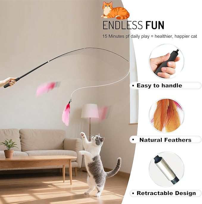Retractable Cat Teaser Wand, 3 PCS Fishing Pole Cat Toys with 18 Feather Toy Refills, Interactive Cat Toys for Indoor Cats Play & Exercise