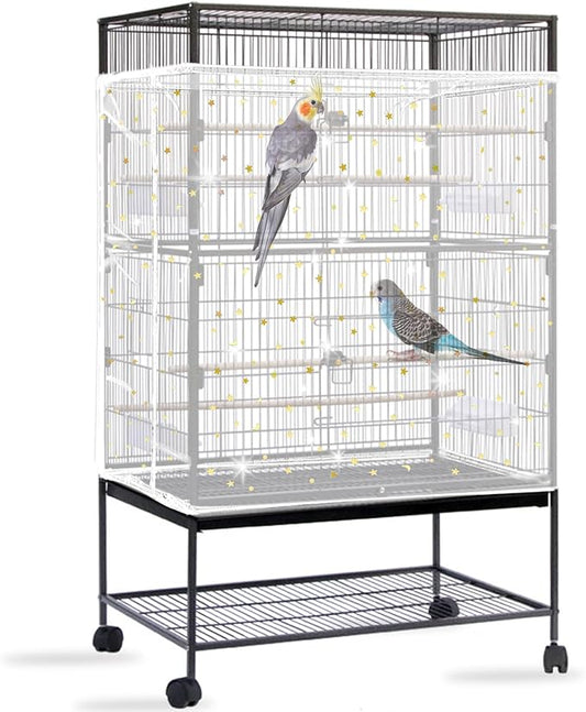 Daoeny Bird Cage Seed Catcher, Large Bird Cage Cover, Adjustable Soft Airy Nylon Mesh Net, Birdcage Cover Skirt Seed Guard for Parrot Parakeet Macaw African Round Square Cages (White, Sequins Star)