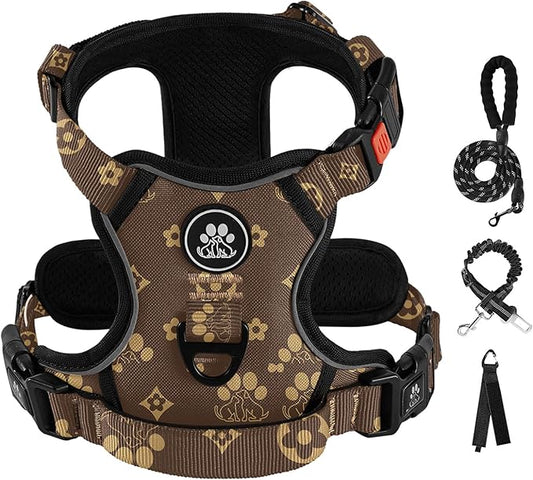 IVY&LANE No Pull Dog Harness with Leash Set, Reflective No Choke Pet Vest,Adjustable Oxford Dog Vest Harness with Easy Control Handle for Small Dogs (Dark Brown,S)