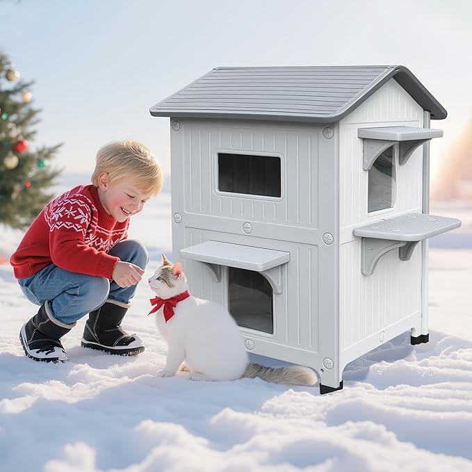 Insulated Outdoor Cat Houses - Waterproof 2 Story Cat House for Outside with Escape Door for Winter，Elevated Outdoor Cat House for Feral Stray Barn Cat Kitty