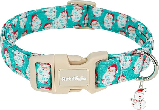 Christmas Dog Collar，Soft Cotton Dog Collars for Medium Dogs, Dog Christmas Collar with Santa for Small Medium Large Dogs, Adjustable Green Collars Perfect for Girl or Boy Dog Collars-M