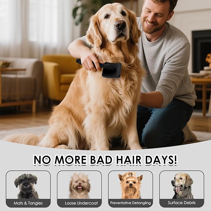 Large Dog Slicker Brush & Comb Set with Leather Sleeves - Long Pin Deshedding Brush for Golden Retrievers, Poodles, Doodles & Thick Coats, Wood Handle Pet Grooming Kit for Dogs, Cats. Black