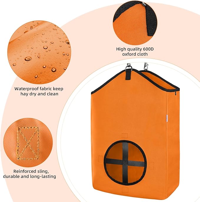 3 PCS Goat Hay Feeder,Hay Bags for Horses,Goats,Donkeys with Reinforced Oxford Fabric and High Strength Metal Clasp,Horse Feeding Supplies with Adjustable Strap for Easy Hanging (2Orange+1Black)