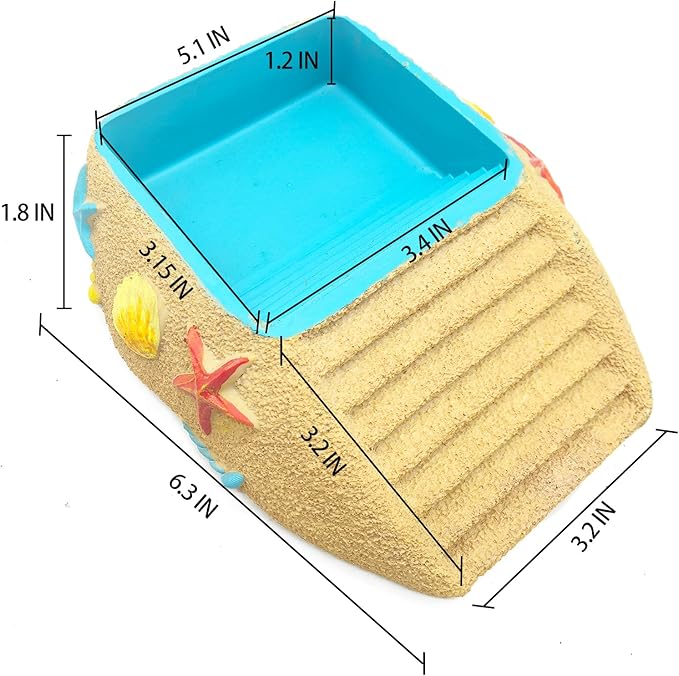 Hermit Crab Water Bowl with Climbing Ramp, Resin Reptile Water Dish Tortoise Habitat Accessories for Turtle, Snake, Lizard, Frog, Gecko, Bearded Dragon (M)