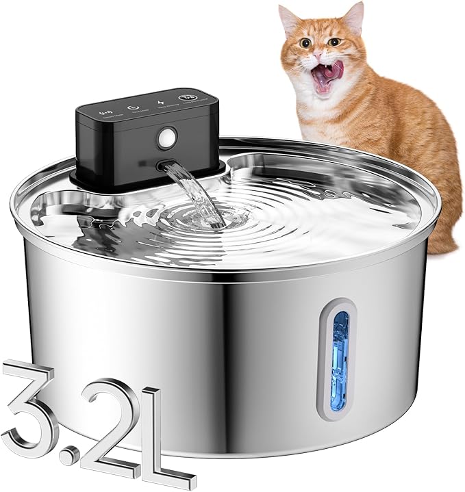 Wireless Cat Water Fountain, Stainless Steel Cordless Cat Fountain, 108OZ/3.2L Automatic Pet Water Fountain, 4000mAh Battery Operated Water Dispenser with Motion Sensor for Cats, Dogs Indoor Drinking