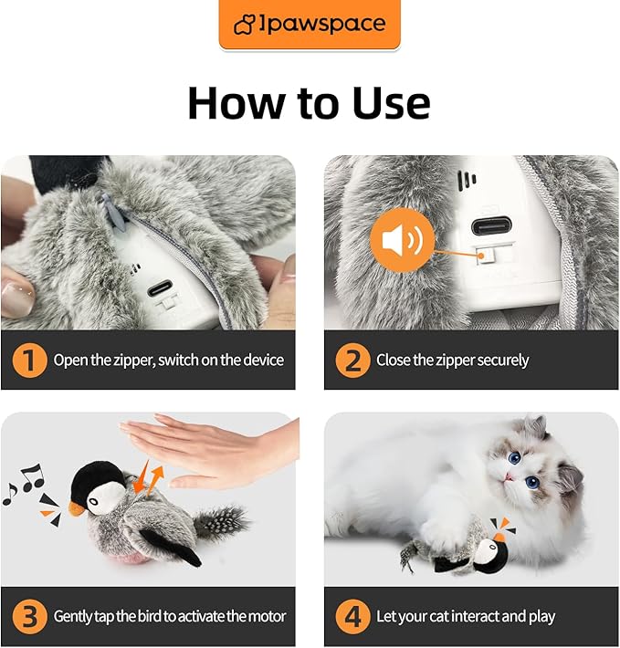 Interactive Flapping Bird Cat Toy with Catnip, Touch Activated Rechargeable, Musical Sound (can Turn Off), Satisfy Cat's Natural Huting Instinct, Soft Plush Washable Cover (Red)