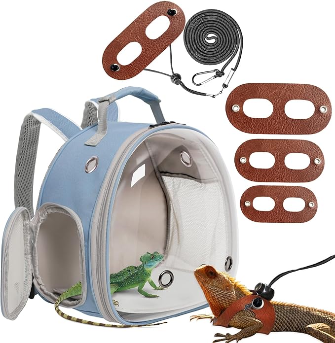 Small Animal Portable Backpack Carrier with Leather Harness and Leash Set,Space Capsule Clear Bubble Window Travel Backpack for Bearded Dragon,Guinea Pig,Rabbit,Airline Approved