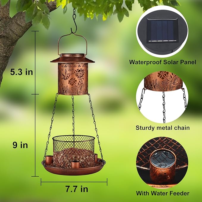 Hummingbird Solar Bird Feeder for Outdoor Hanging Gifts for Women Mom Grandma Metal Wild Birdfeeder Garden Lantern Decor Lanterns Outside for Yard, Patio, Lawn, Pathway, Landscape