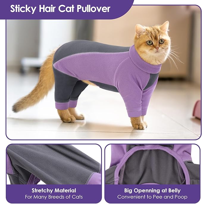 SUNFURA Hair Sticky Cat Clothes, Cat Sweater for Cats Only, 4-Legged Fleece Sweaters Kitten Pajamas Reduce Shedding Fur, Warm Pullover Shirts for Cats, Purple S
