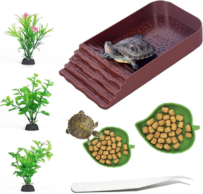 3 PCS Reptile Water Dish with Climbing Ramp, Leaf Reptile Water Bowl, Amphibians Habitat Brown Tortoise Water Dish for Turtle, Gecko, Snake, Bearded Dragon, Lizard