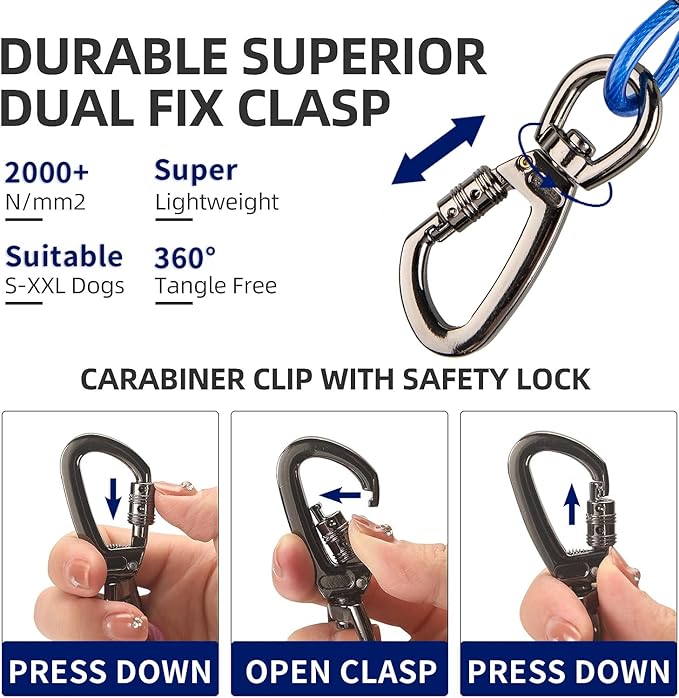 Dog Tie Out Cable, 100FT, Blue, Suitable for Dogs up to 350 pounds, Lightweight, Non-Winding, for Outdoor Camping, Yard