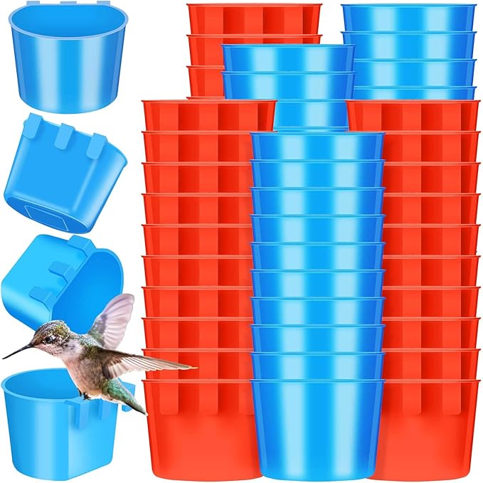 100 Pcs Cage Cups Chicken Feeder Cup 8 oz Hanging Bird Food Water Bowl Coop Bunny Cage Feeding Dish Game Fowl Supply for Poultry Pet Parrot Parakeet Rabbit Parakeet Pigeon(Red, Blue)