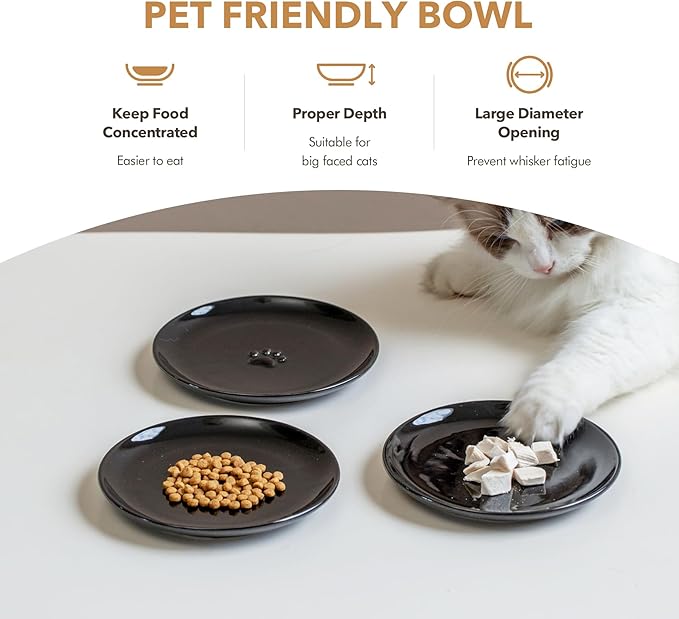 6.1'' Ceramic Wide Cat Dishes, Set of 3 Ceramic Cat Bowls, Indoor Kitten Feeding Wet & Dry Shallow Food Dish Anti Whisker Fatigue(3 Pcs, Black)