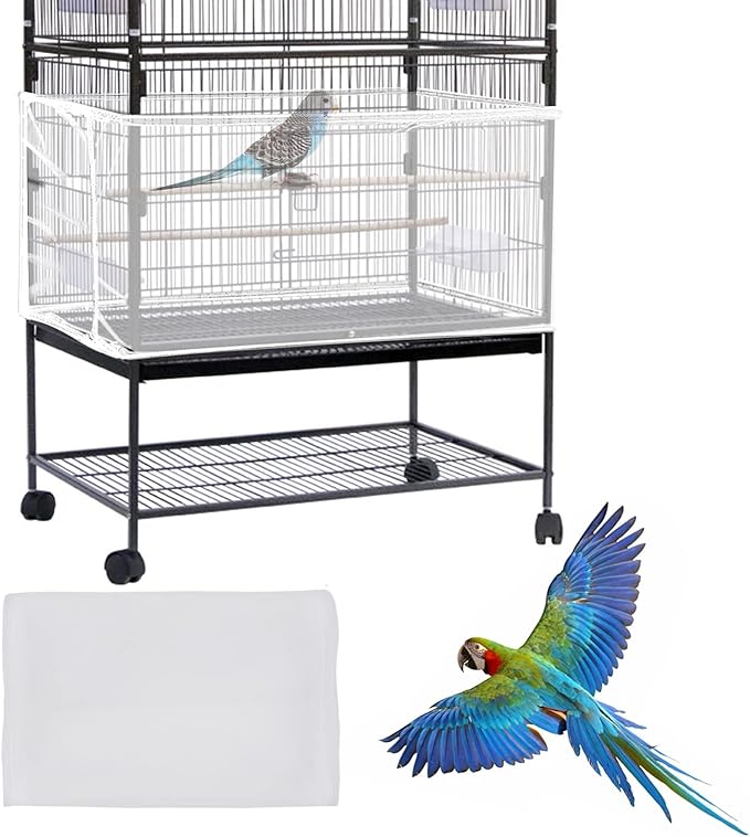 Daoeny Large Bird Cage Cover, Bird Cage Seed Catcher, Adjustable Soft Airy Nylon Mesh Net, Birdcage Cover Skirt Seed Guard for Parrot Parakeet Macaw African Round Square Cages (White)
