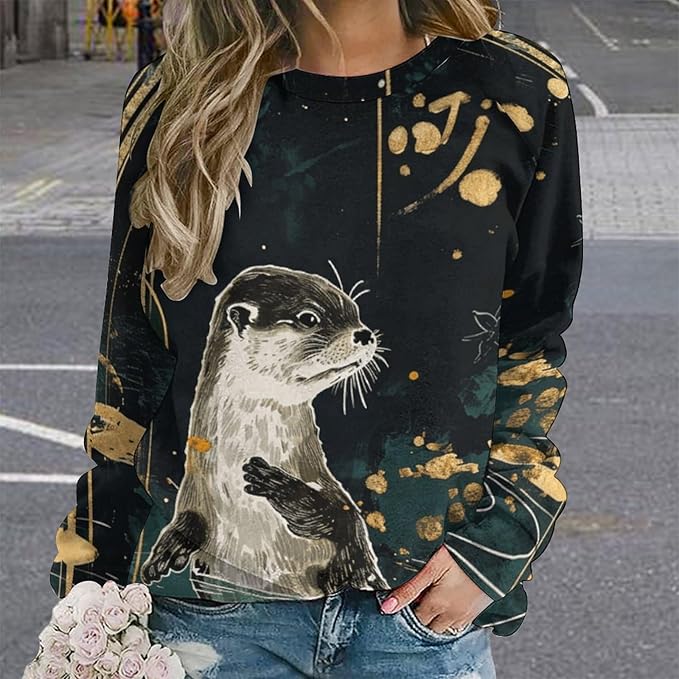 Womens Long Sleeve Tops Y2k Japanese Art Print Sweatshirts Fall Pullover for Women Crewneck Vintage Shirts Boho Tops