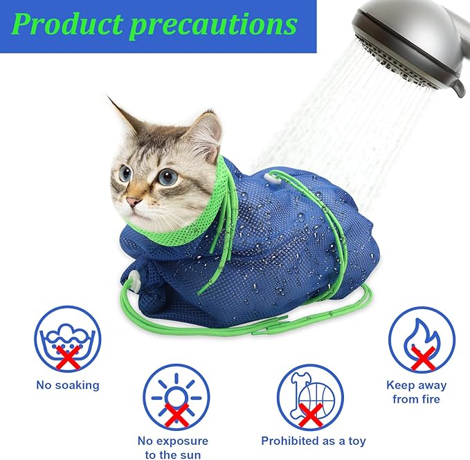 Breathable Mesh Shower Bag - Anti Scratch Adjustable Grooming for Nail Trimming, Bathing - Polyester Soft Cat Washing (Blue-Green)
