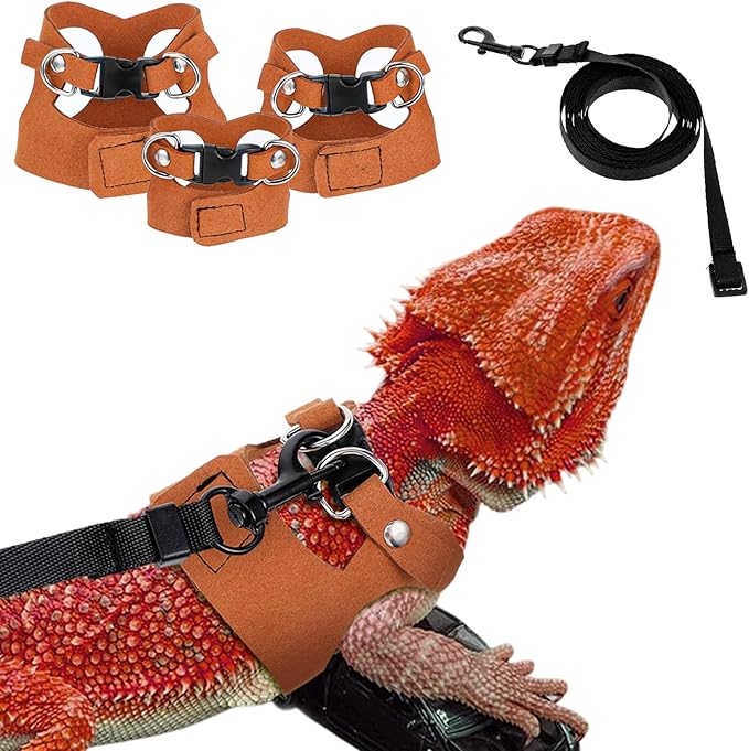 3 Sizes Bearded Dragon Harnesses and Leash Set, Adjustable Soft Leather Lizard Leash Harness Small Animal Walking Vest with Traction Rope for Small Reptiles Squirrel Rat Bearded Dragon Lizard