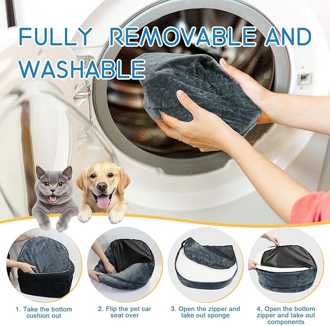 Cozy Dog Car Seat for Small Dogs Up to 30lbs, Elevated Memory Foam Booster Seat, Pet Travel Bed with Washable Removable Cover & Storage Pockets (Black)