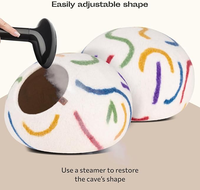 MEOWFIA Cat Cave – Premium Felt Cat Bed for Indoor Cats, Handmade 100% Merino Wool (Medium, Ivory Rainbow)