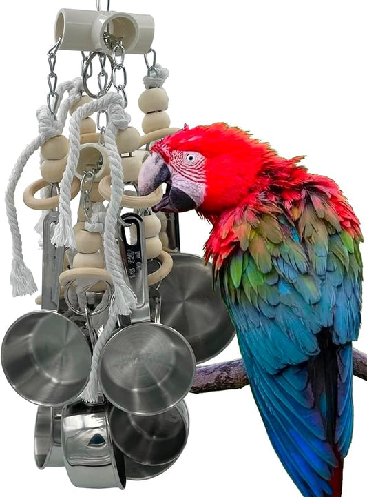 Durable Stainless Steel Pots & Wooden Beads Parrot Toys - Pullable 8 Metallic Cups & 8 Natural Dye-Free Rings for Large & Extra Large Parrots Macaws Amazons African Greys Cockatoos Eclectus