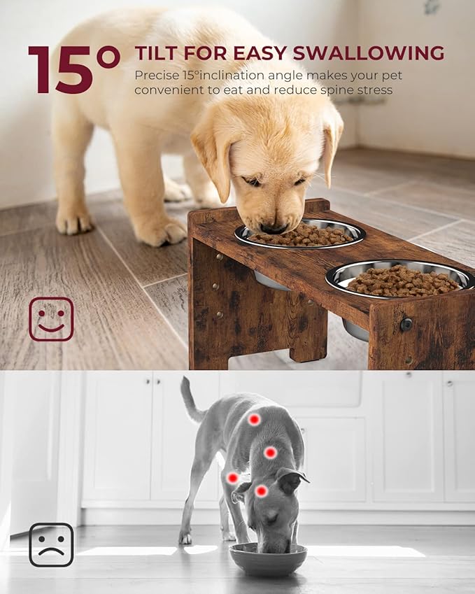 Vantic Elevated Dog Bowls, Adjustable Raised Dog Bowl Stand for Small Puppy and Cats, Sturdy Pet Food Feeder with 2 Stainless Steel Dishes, Rustic Brown