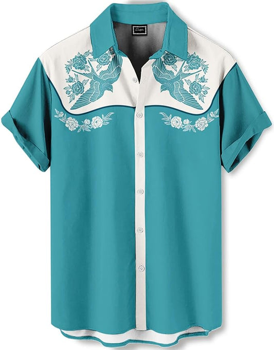 Men’s Hawaiian Shirt Western Cowboy Symmetrical Print Short Sleeve Button Down Casual Beach Holiday Summer Shirt