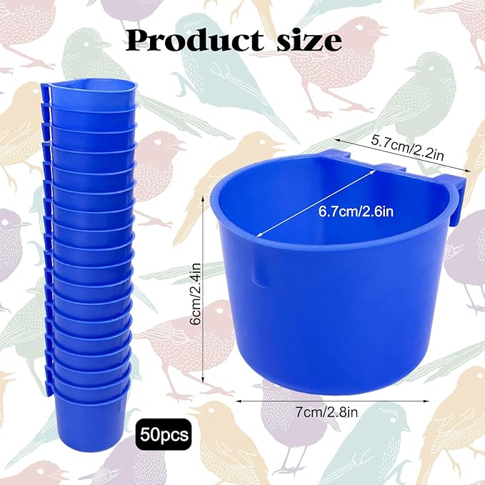 Rainmae 50 Pcs Cage Cups Birds Hanging Feeders Chicken Water Cups Bird Food Bowl 8 oz Plastic Bird Water Dispenser for Small Coop Parrot Parakeet Pet Poultry Pigeon Gamefowl Seed Bowl Supplies (Blue)