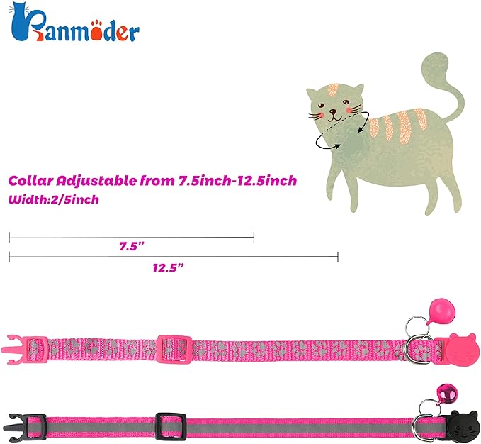 BANMODER 2 Pack Reflective Cat Collar Breakaway with Bell,Personalized Kitten Collars,Adjustable Safety Buckle Collar for Male Cats Girls & Boys (Hot Pink)