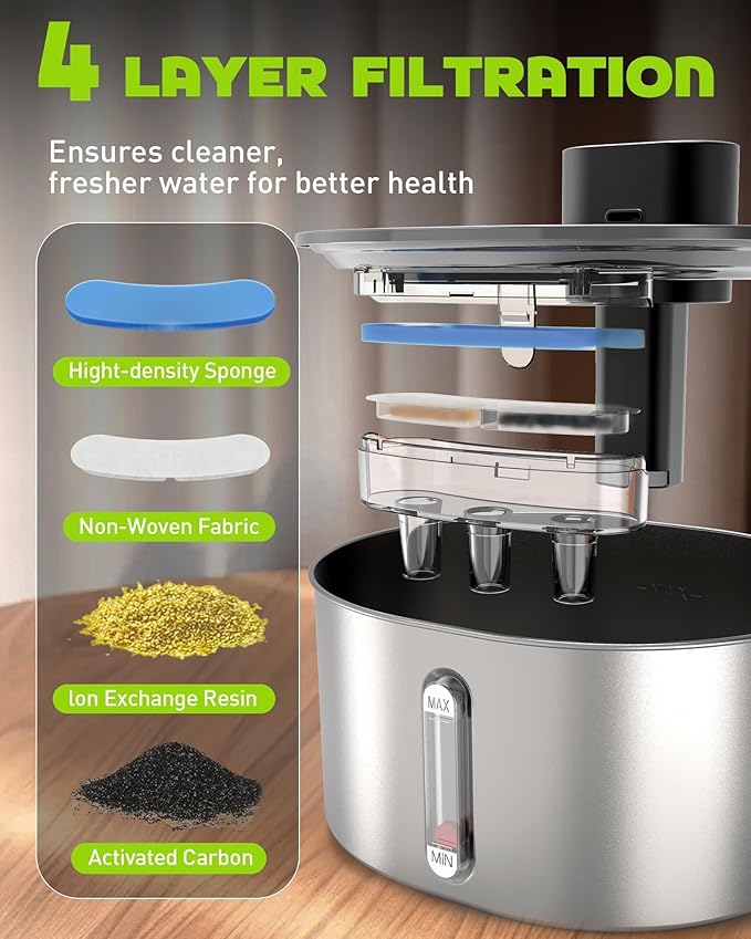 No Pump Cat Water Fountain, 3.2L/108oz Wireless Stainless Steel Pet Water Fountain, Cordless Automatic Dispenser, Battery Operated Cat Fountain with Motion Sensor, Dual Mode