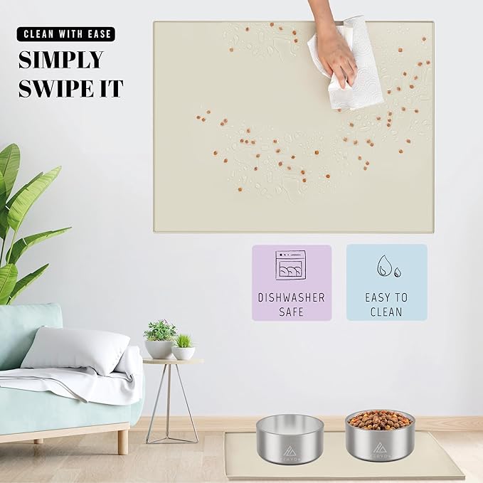 AVERYDAY 23x16'' Silicone Dog Mat for Food and Water, 0.63'' Edge Dog Food Bowl Mats for Floor Waterproof, Dogs Water Mat for Sloppy Drinker, Non Slip Rubber Pet Feeding Mats for Indoor Dogs and Cats