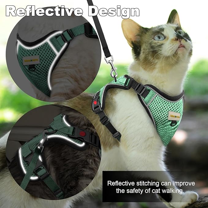 Cat Harness and Leash for Walking, Retractable Cat Harnesses and Leash Set Escape Proof, Breathable Soft Kitten Small Large Harness for Travel Training and Walking, Green, M