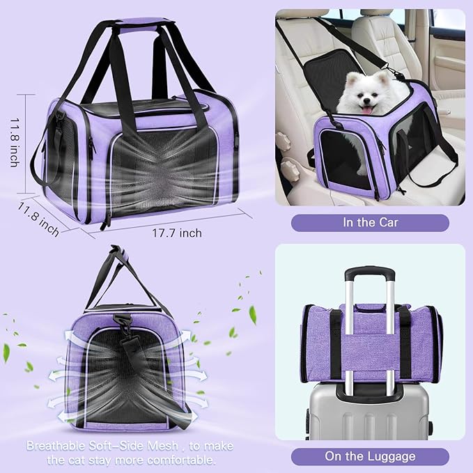 Soft-Sided Cat Carrier with Litter Box for Traveling & Camping, Pet Bag Fit Pets Up to 20lbs,17.7' * 11.8 * 11.8 inches Cat Travel Carrier Purple