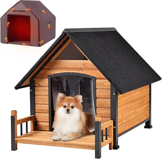 Outdoor Dog House with All-Around Insulated Liner Weatherproof Puppy Shelter Indoor Dog Kennel, Anti-Bite Dog Home for Large Breed with Porch (Brown (Liner), Medium)