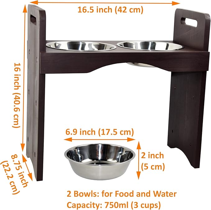Spirtro Elevated Dog Bowls Station- Adjustable to 3 Heights, 3”, 8”, 12”, Raised Pet Stand Feeder, Double Stainless Steel Food and Water Dishes for Small to Middle Dogs Cats, Solid Wood- Dark Brown