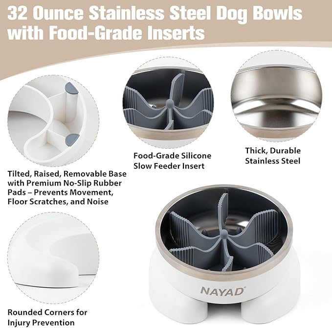 Raised Dog Bowl Stand with Slow Feeder Thick Stainless Steel Food Bowls for Large or Medium Sized Dogs Non-Slip Tilted Dog Feeder Station, Neck and Nose Protective Pet Bowl, 4 Cups (32 oz), White