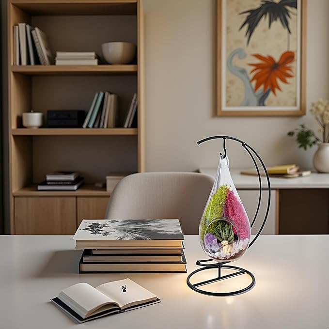 7" DIY Teardrop Terrarium Kit with Live Plants - Hanging Glass Planter with Stand for Adults & Kids - Build a Mini Ecosystem with Moss, Crystals, Tools - Made in The USA